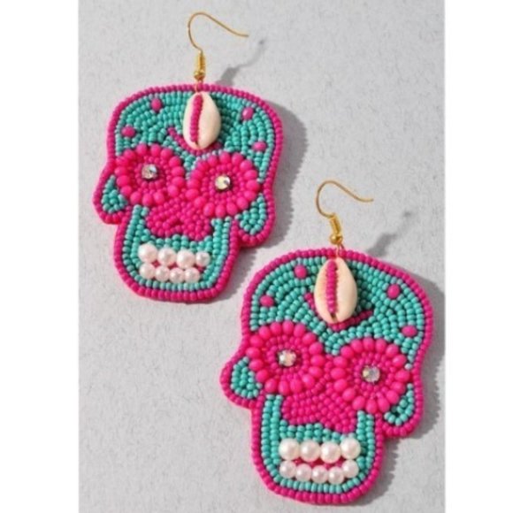 Beaded Sugar Skull Earrings | Pink & Turquoise Boho Dangle Statement Jewelry - Picture 3 of 6